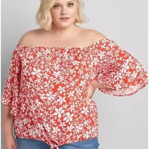 Lane Bryant Red White Floral Top Womens Size 14/16 Off Shoulder Tie Hem Blouse